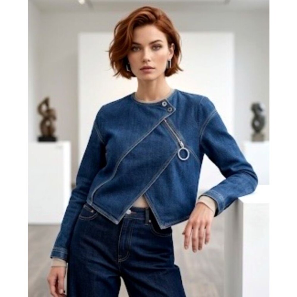 Kenzo Paris Cropped Asymmetrical Zip Denim Moto Jacket S